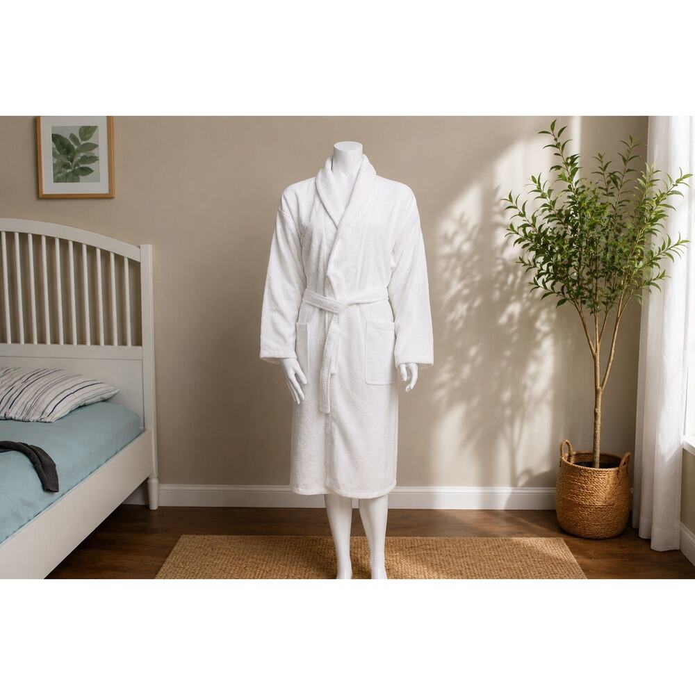 White Bathrobe 100% Cotton L-XL Turkish Towel Robe Soft Spa Hotel Quality Unisex - Picture 2 of 7